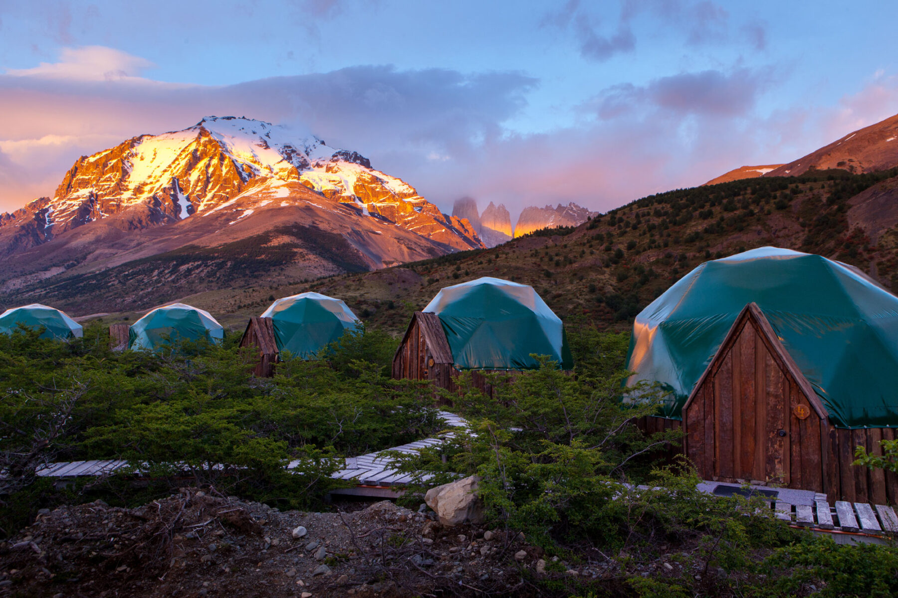 eco camp patagonia standard domes sunrise