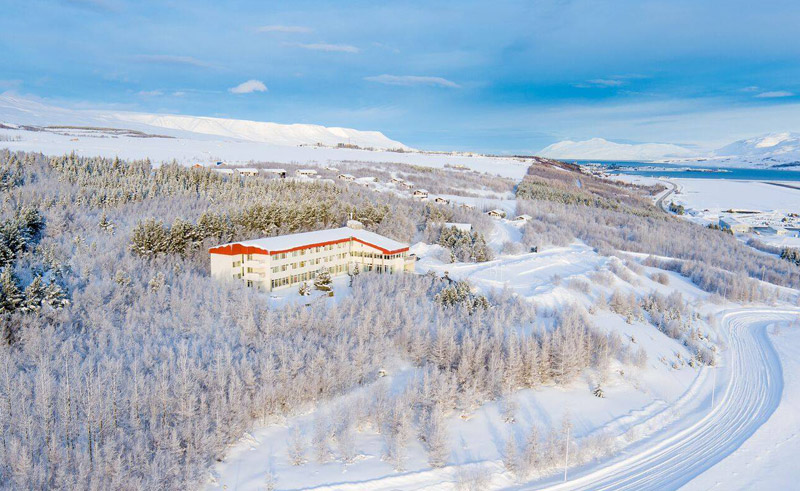 hotel kjarnalundur winter aerial view