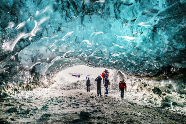 iceland south east vatnajokull hikers ice cave breidamerkurjokull