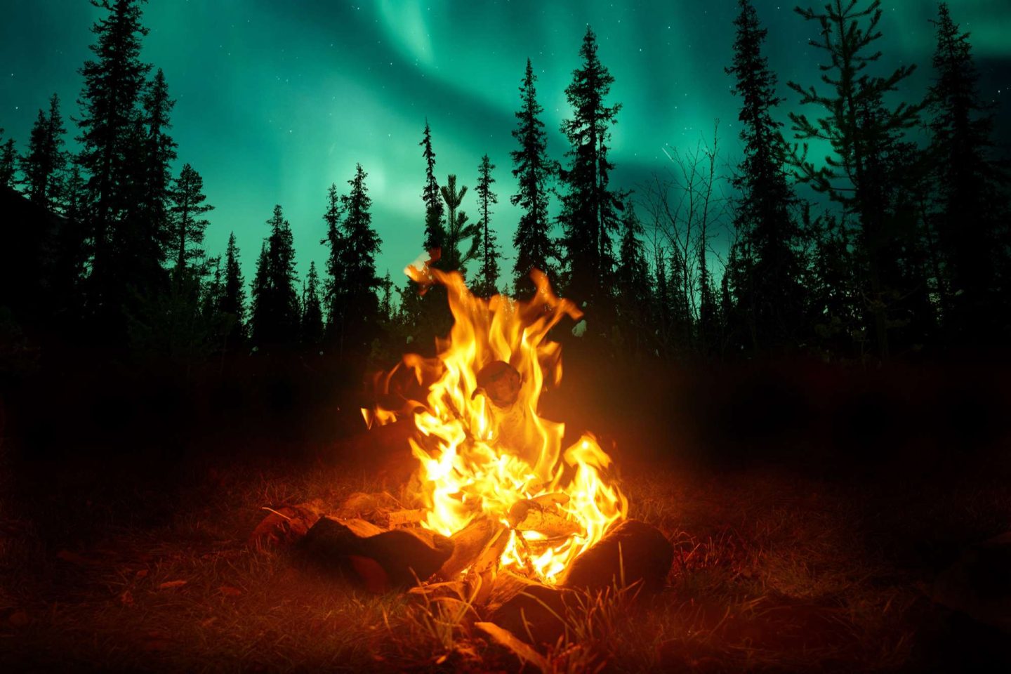 lapland wilderness campfire with northern lights behind istk