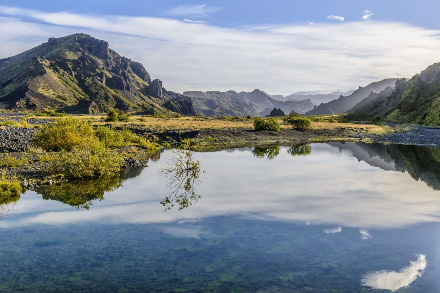 iceland thorsmork mountains reflected in river istk