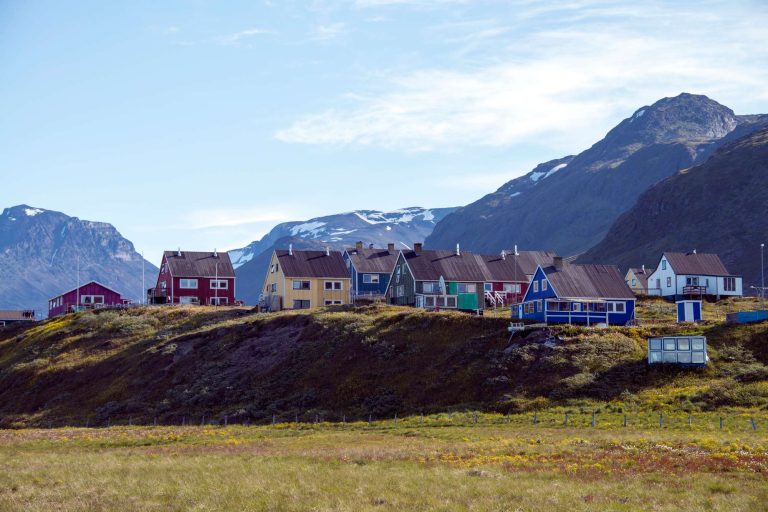 south greenland coloured houses on hill in narsaq istk