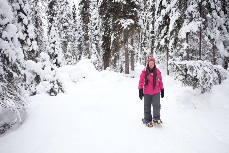 woman snowshoeing along forest trail istk