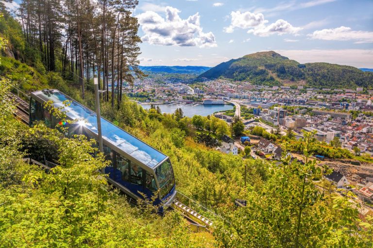 fjord norway view across bergen city with funicular astk