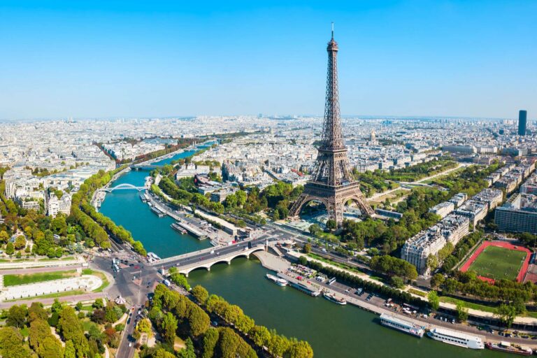 france aerial view over eiffel tower and river seine istk