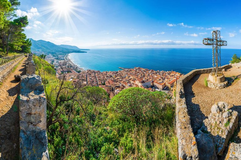 italy view over cefalu and mediterranean sicily astk
