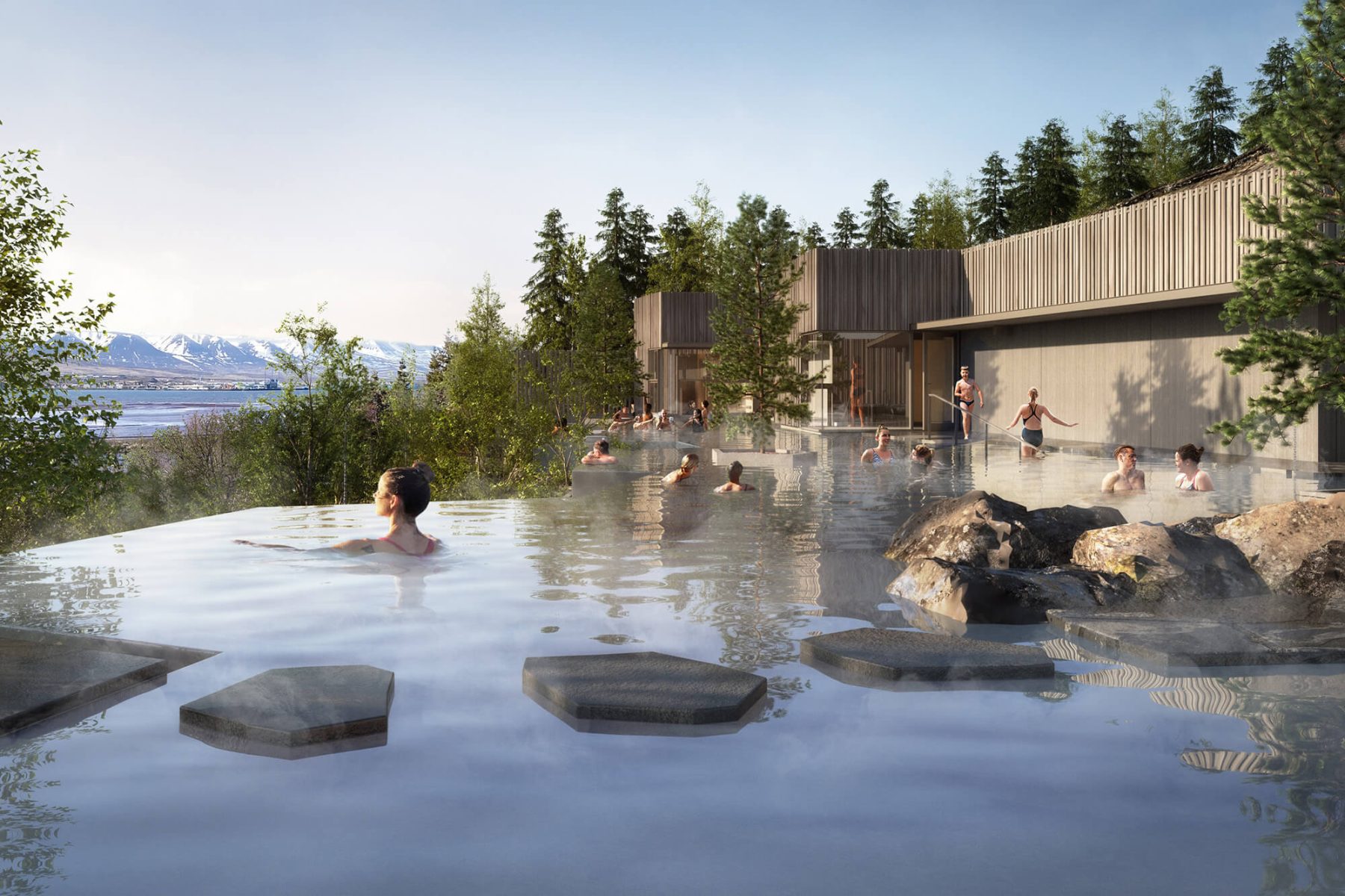 north iceland forest lagoon bathing render