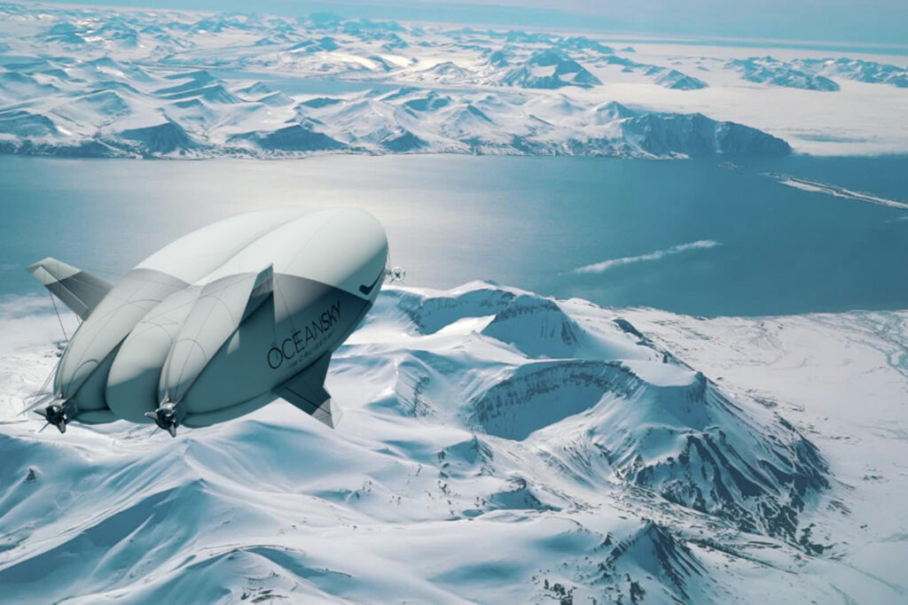 airship airlander cruising over arctic visualisation oceansky