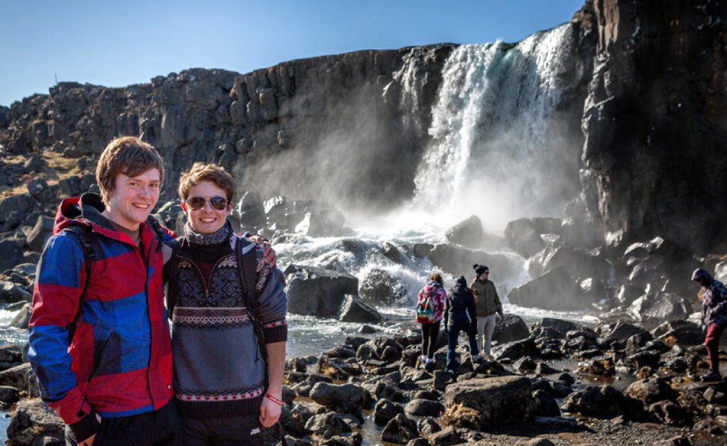 Iceland Students Boys Waterfall