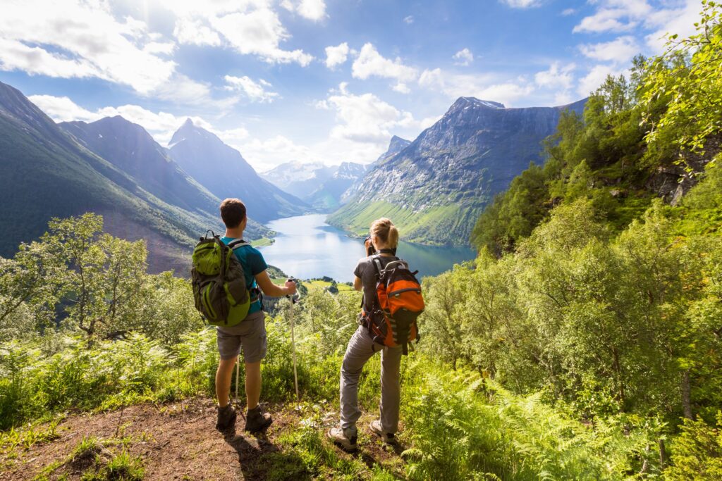 Norway hikers overlooking fjord