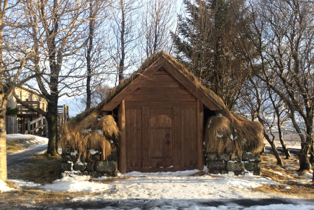 Picture of a turf house with a wooden door surrounded by a snowy forest